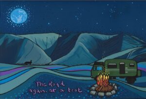 Night sky with fire and camper van